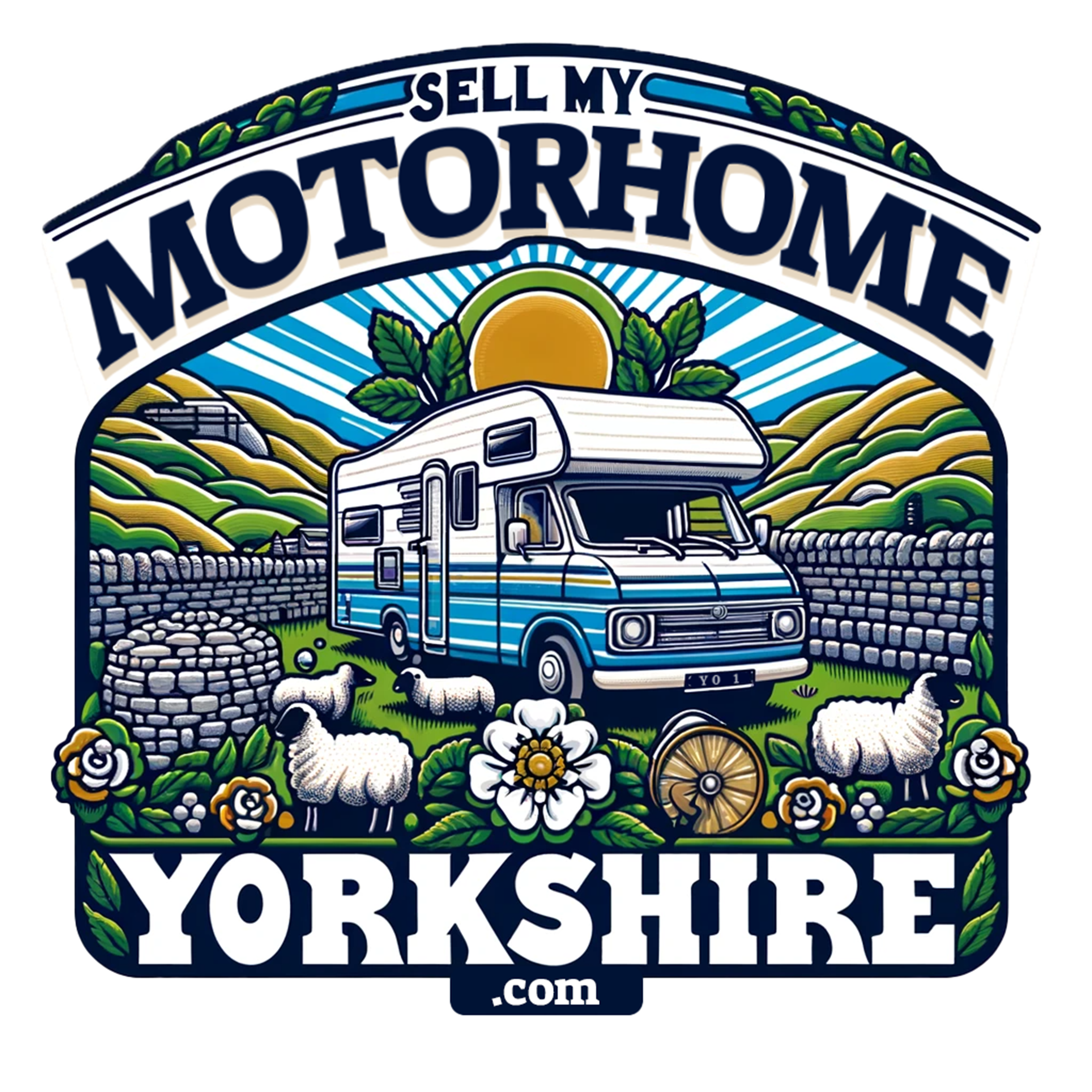 Logo for Sell My Motorhome Yorkshire based in Halifax Featuring a Blue RV, white sheep, green hills, sunrise, with text.